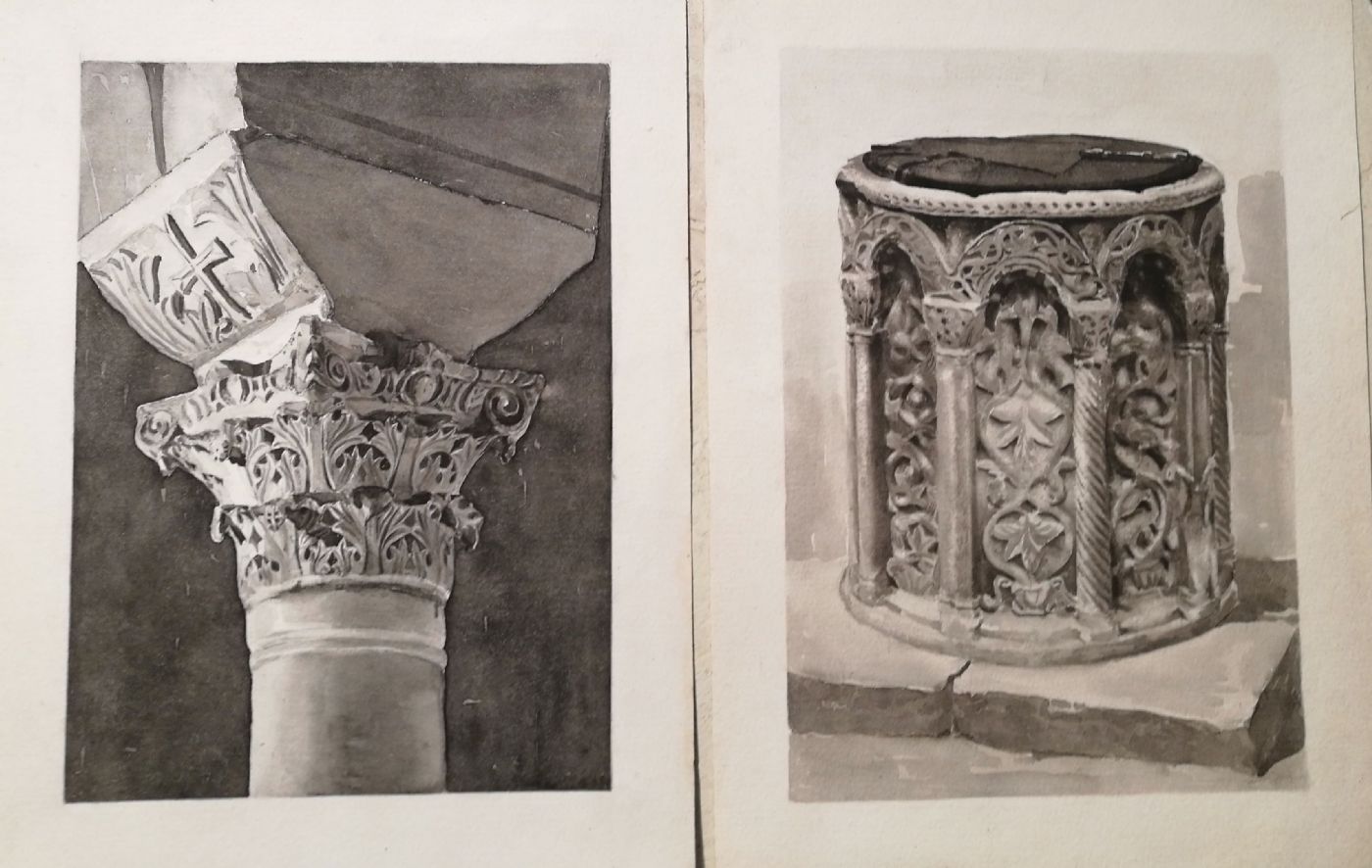 Pirovano Isabella 1890-1976 Coppia di disegni  firmati raffiguranti capitelli antichi cad. cm.31x23